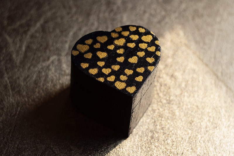 OOAK - Rustic style black heart shaped engagement ring box whith small gold hearts - black, gold, wedding box, wooden box, gift, Valentine's - MissVintageWedding