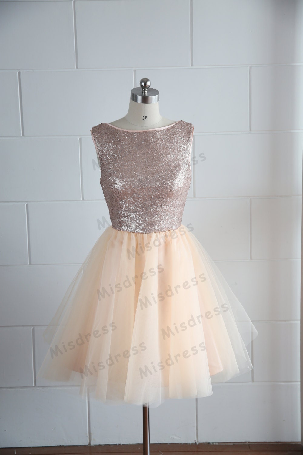 Champagne Gold Sequins Tulle Dress Bridesmaid Dress/Prom Dress Deep V Back/Backless Knee Length Short Dress