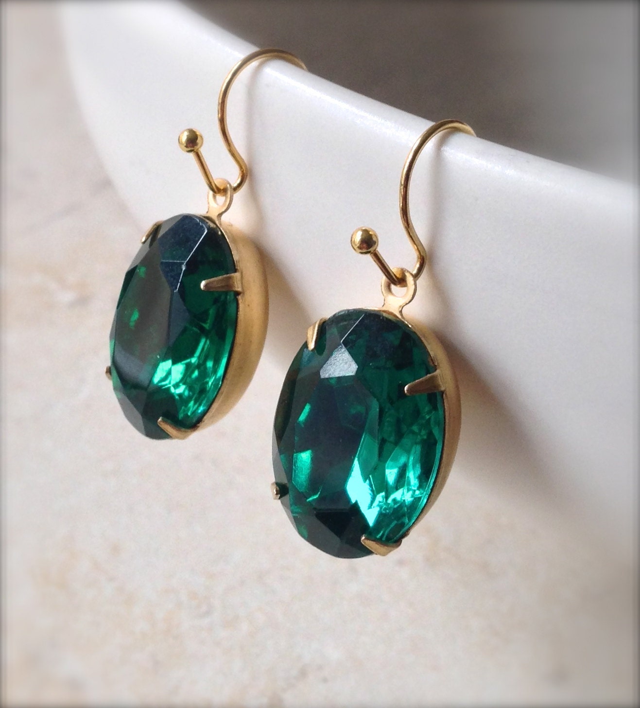 Emerald Green Rhinestone Earrings Gold Filled Oval Vintage Style 18 x 13mm Gifts Under 20 for Her - GoldSunDesigns