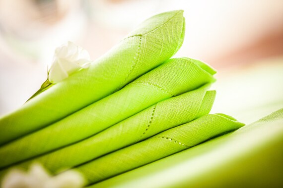 Lime Green Linen Napkin Hemstitch by kukshome on Etsy