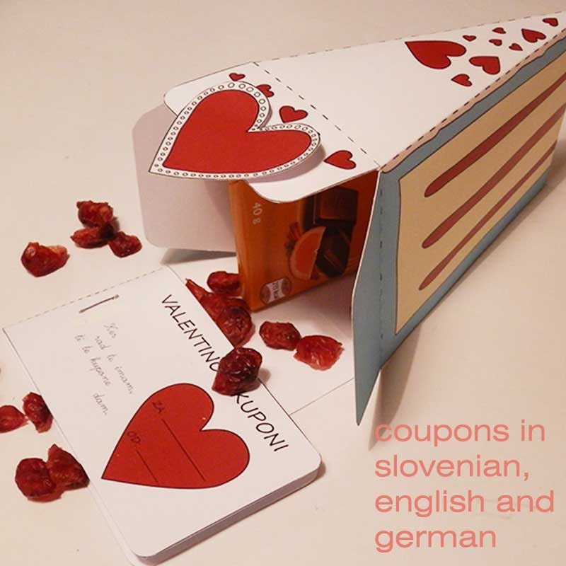 Last minute valentine gift, valentine cake, valentine coupons- in english, german and slovenian - printable