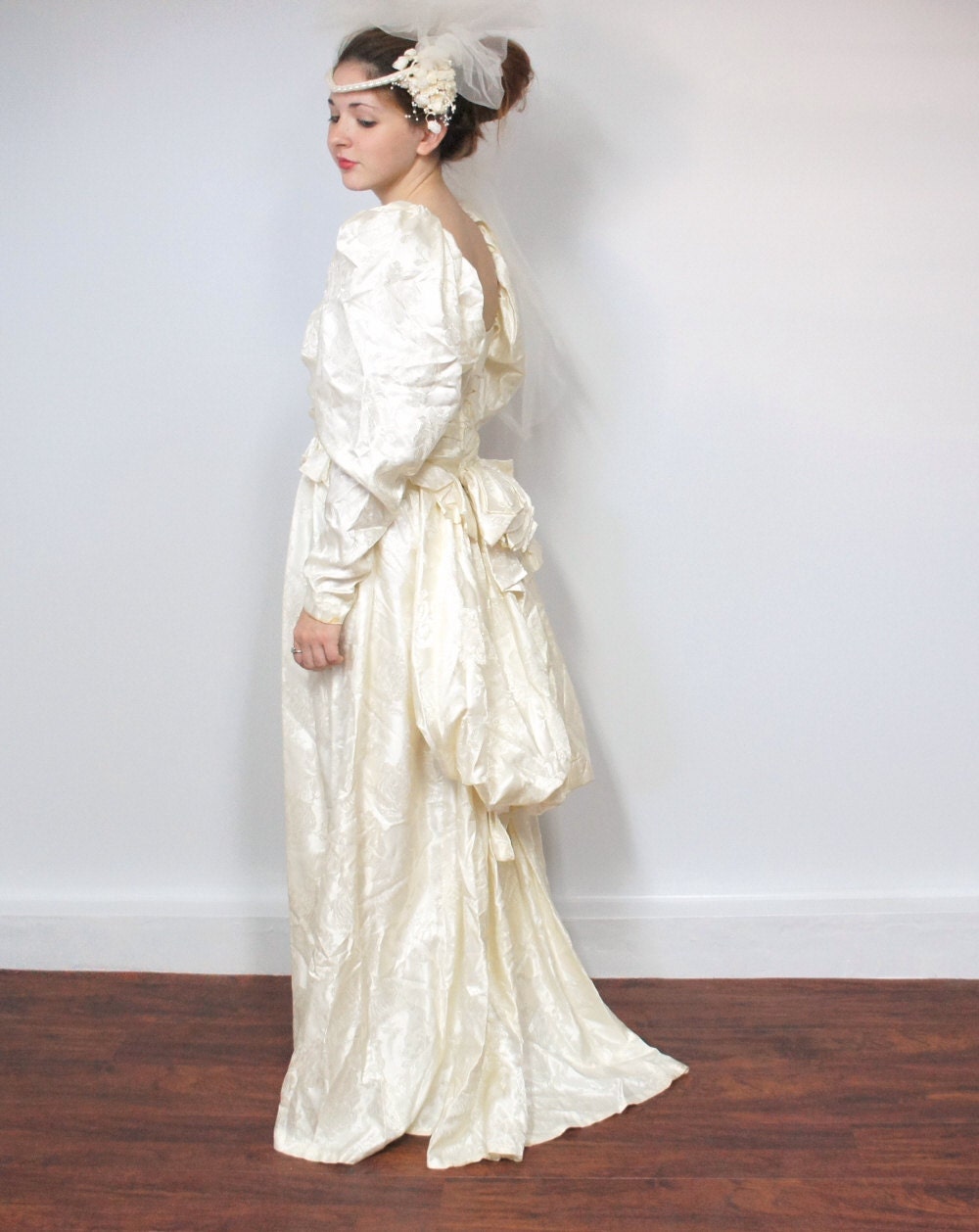 Guinevere Wedding Gown Bustled Brocade Creme Long Sleeved Train with Headpiece and Veil - VintageAgelessThings