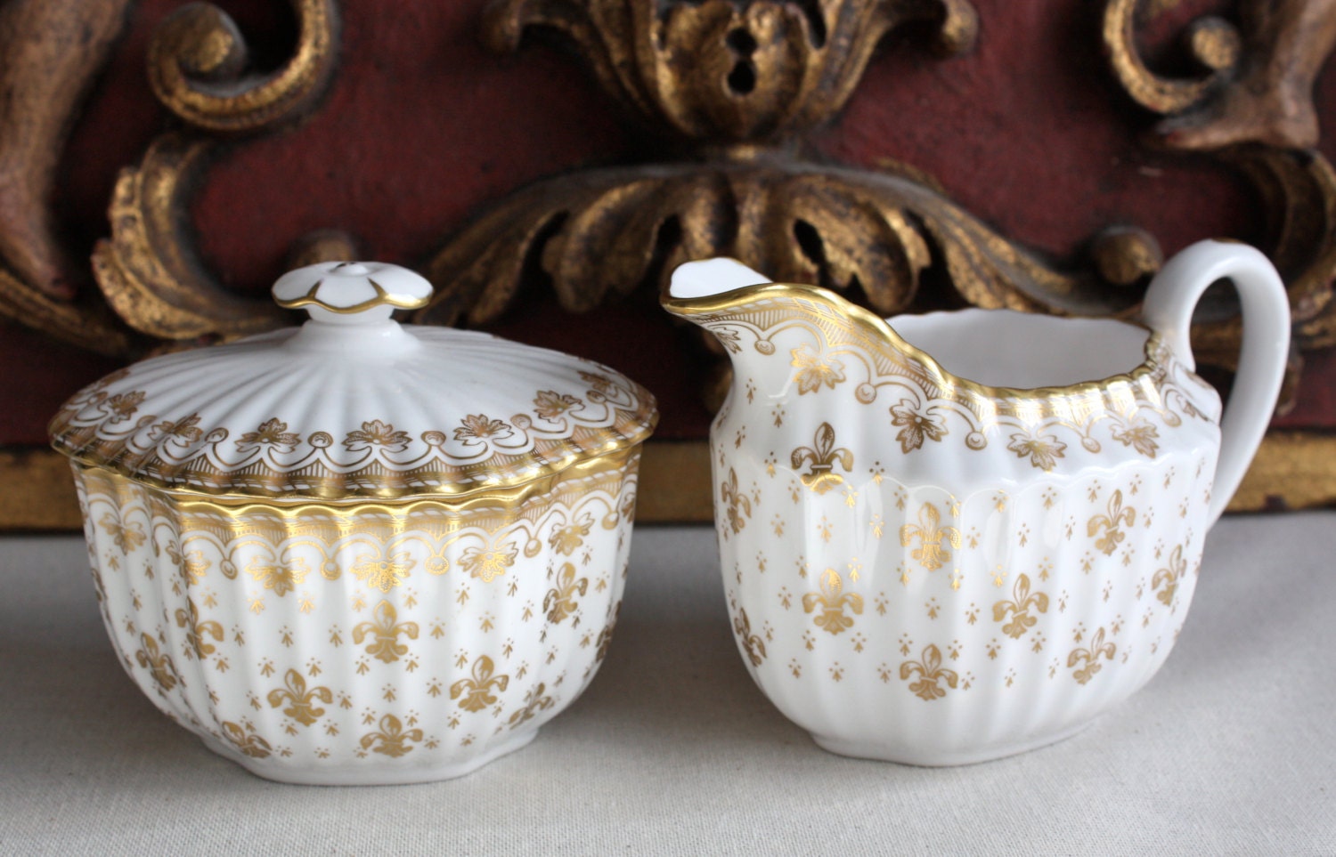 Spode Fleur de Lys Gold Cream Sugar Set England
