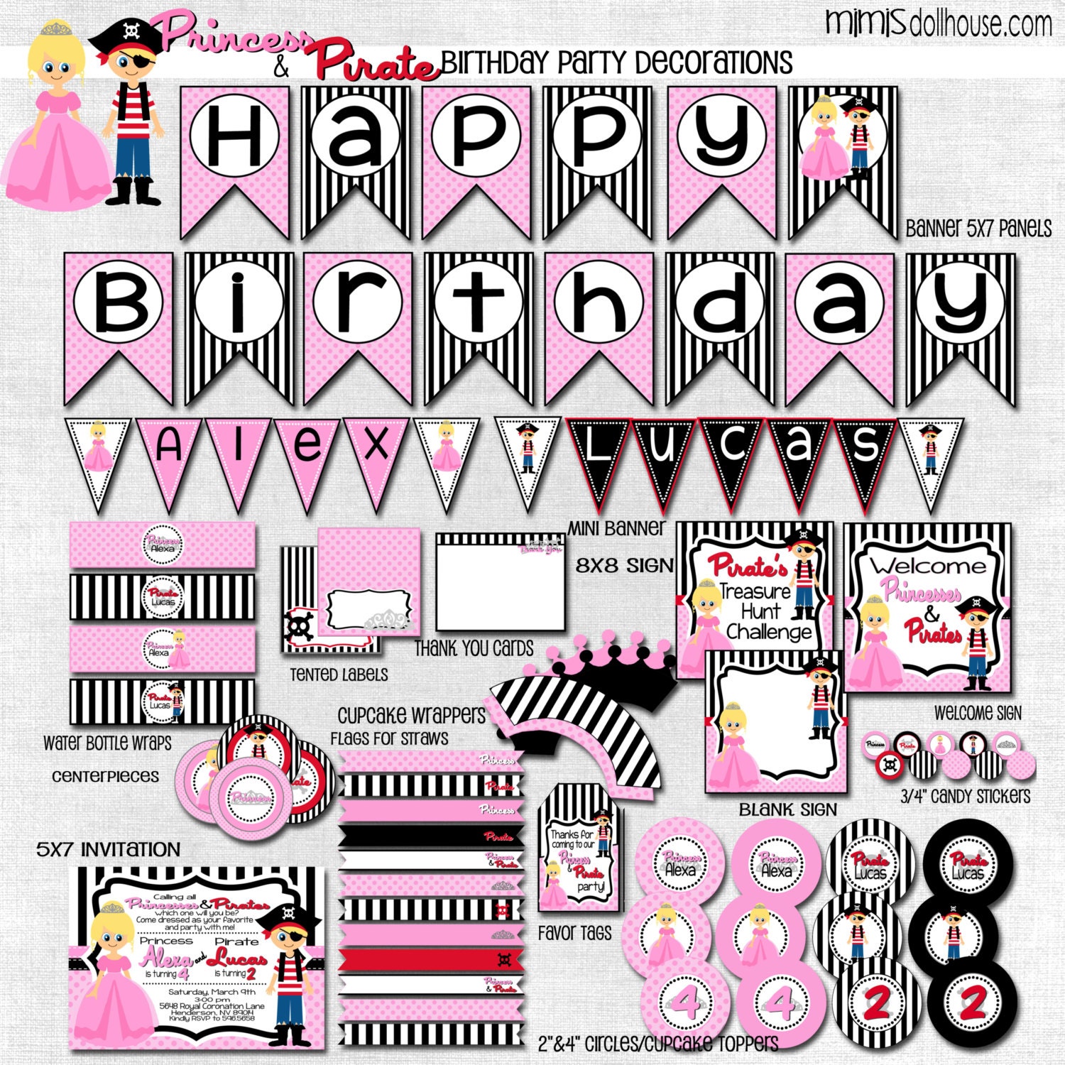 Princess and PIrate Party Decorations- Printable Princess Birthday Party Decorations PDF/JPEG- Pirate Birthday Party Il_570xn