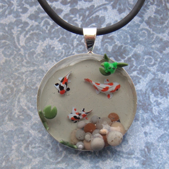 Koi Fish Pond Pendant / Necklace with Tiny Frog by TinySculptor