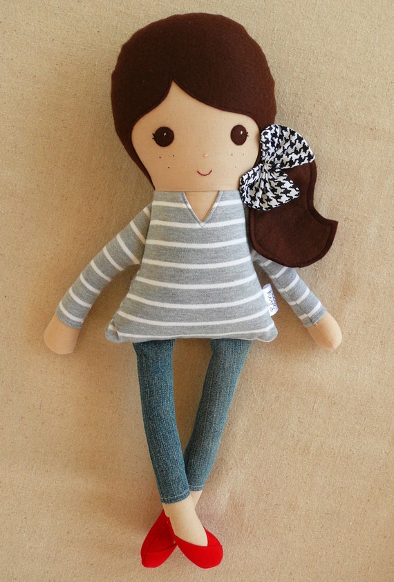 Fabric Doll Rag Doll Brown Haired  Girl in Gray Striped Top and Skinny Pants