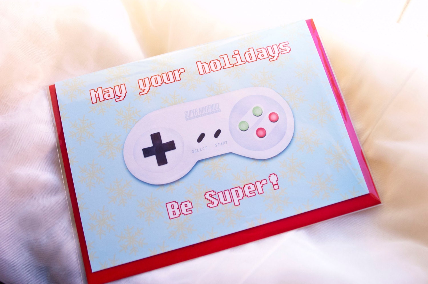Super Nintendo Holiday- Geeky Holiday Card- 5x7- Christmas Card- Season's Greetings- Geeky Christmas- Gamer Card - AwkwardAffections