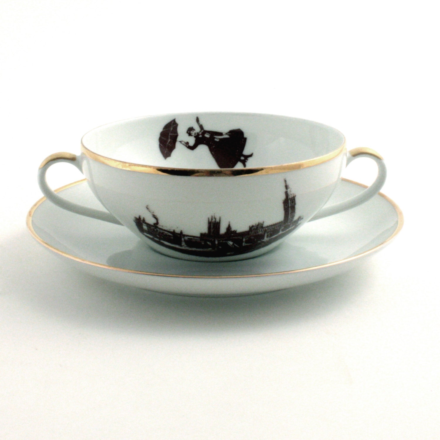 Altered  Mary Poppins Cereal  Mug Soup Bowl Saucer Porcelain Gold Trim London England Big Ben Nanny White Brown Romantic - MoreThanPorcelain