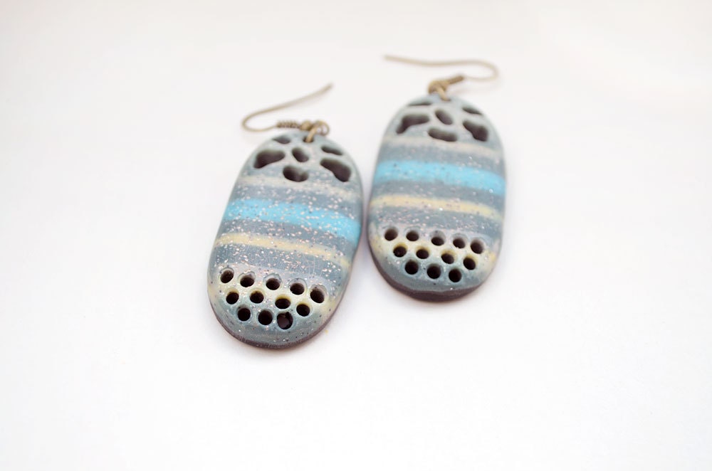 Gray blue striped dangle earrings - carved, tribal, romantic, rustic, polymer clay - JustBetter