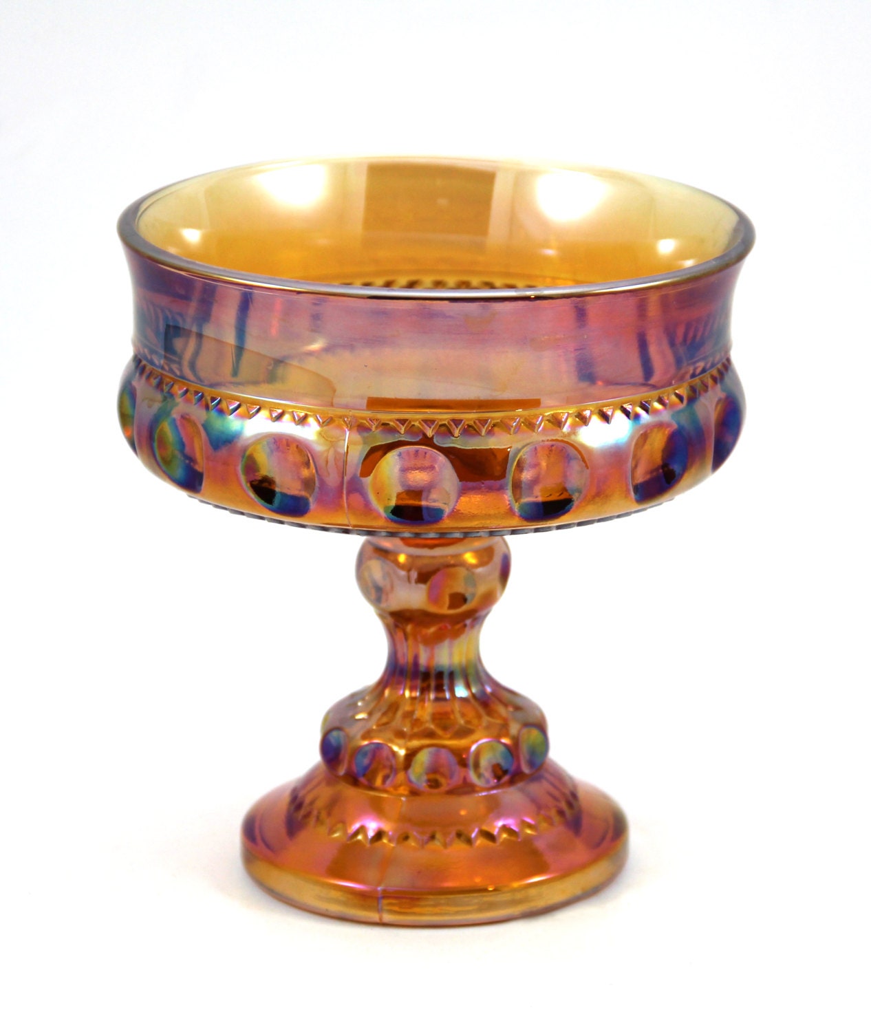 Kings Crown Thumpbrint Amber Carnival Glass by tenpennygray