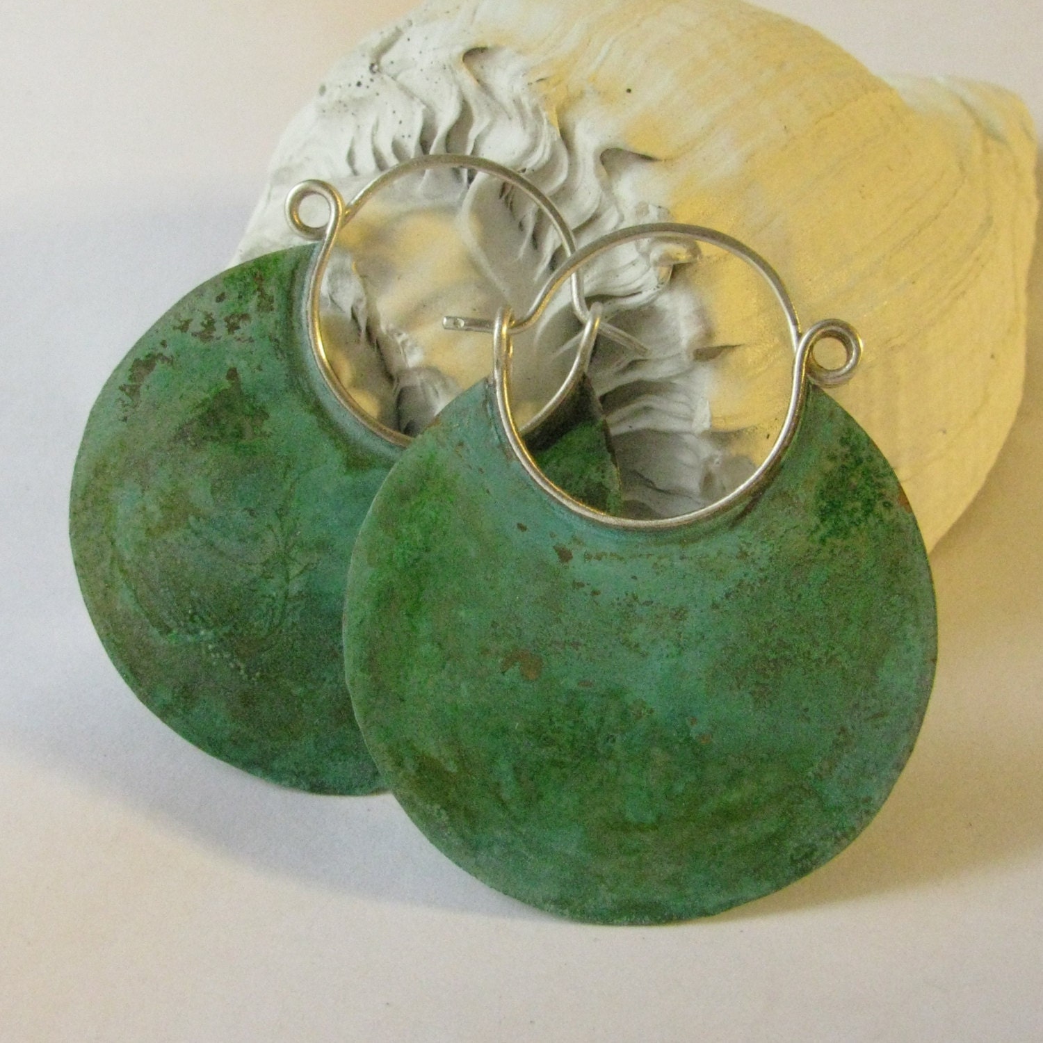 Large Earth Goddess Verdigris Hoop Earrings Bronze And Sterling Silver Metalwork Jewelry Rustic Green Earrings