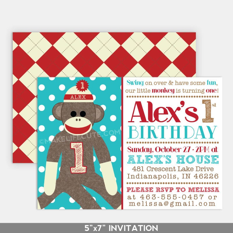 SOCK MONKEY BIRTHDAY - Printable 5"x7" Invitation - Sock Monkey Collection by Make Life Cute Il_570xn