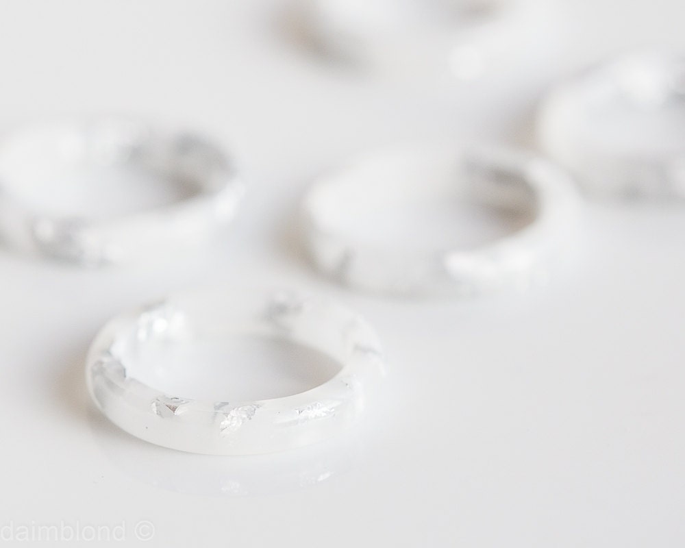 White Resin Stacking Ring Silver Flakes Thin Smooth Ring OOAK french vanilla milk minimalist jewelry rusteam - daimblond