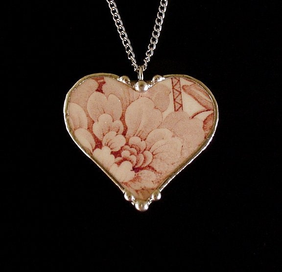 Broken china jewelry heart pendant necklace antique mulberry transferware floral toile plate reversible