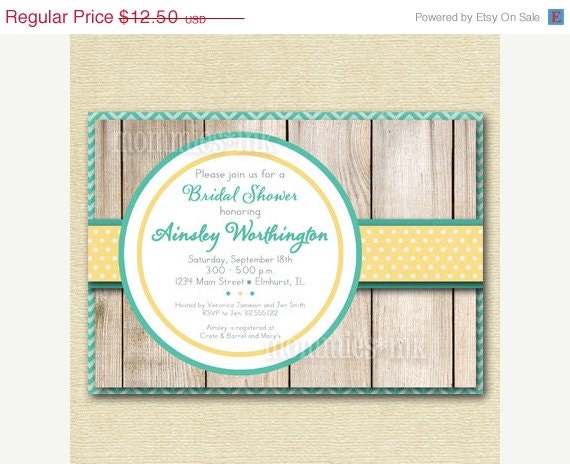 10% Off Holiday Sale Wood Fence and Shabby Chic Teal Chevron and Yellow Polka Dots Bridal Shower Invite - PRINTABLE INVITATION DESIGN Il_570xn
