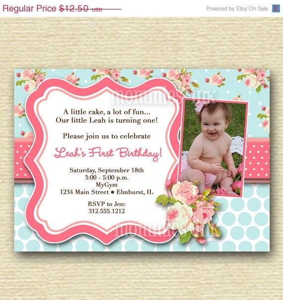 10% Off Holiday Sale Blue Shabby Chic Pink Roses with Pink Polka Dots Photo Birthday Party Invitation Invite - PRINTABLE INVITATION DESIGN Il_570xn