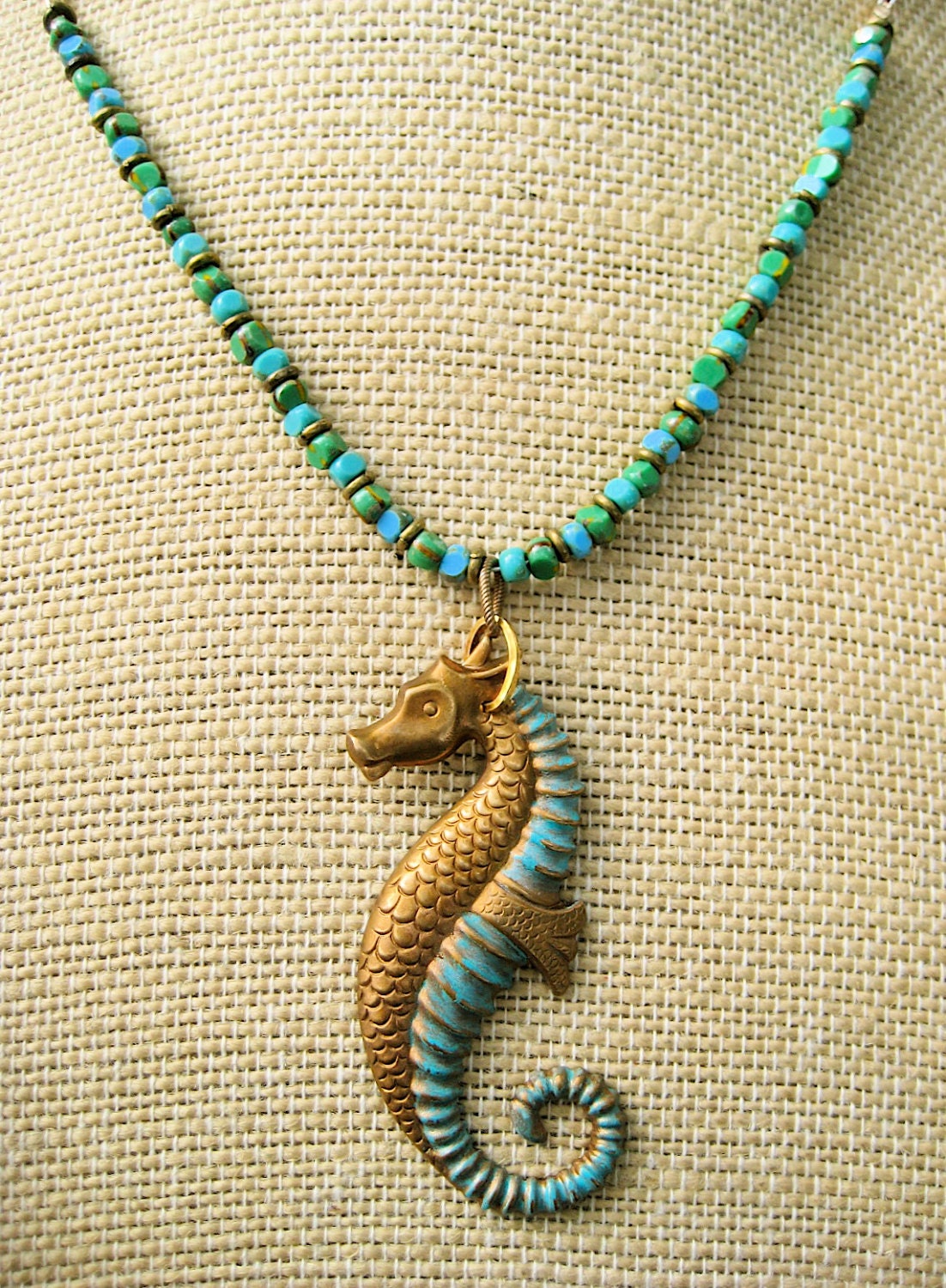 Patina Brass Seahorse Necklace with Blue Green Czech Glass Beads and Antiqued Brass Chain - CatchingWaves