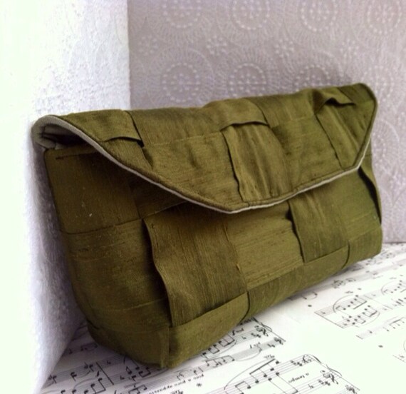 Olive green silk woven clutch purse, moss green clutch bag