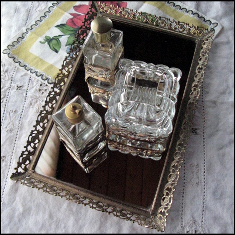 Vintage Vanity Set Floral Motif Mirror Perfume by ShiftingYears