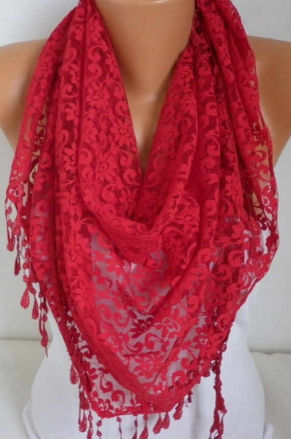 ON SALE Red Lace Scarf Shawl Scarf Women Scarves Cowl by anils