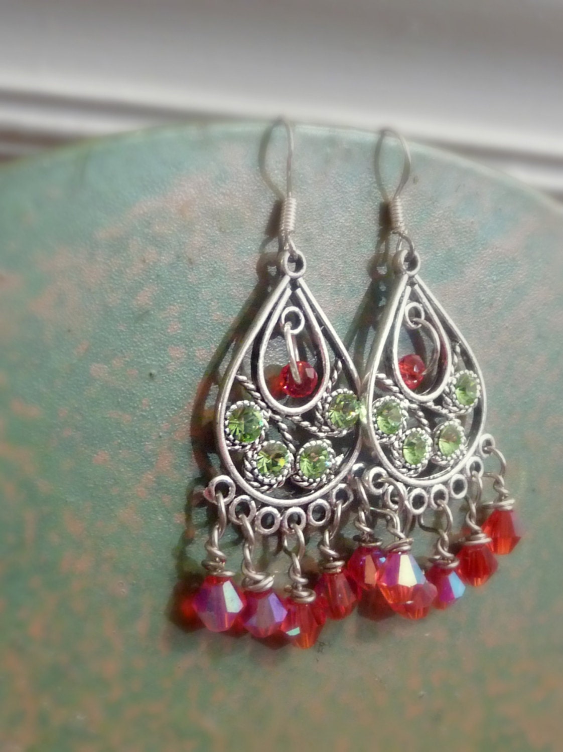 Christmas Holiday Earrings With Red and Green Glass, Sterling Silver Ear Wires - Mylana
