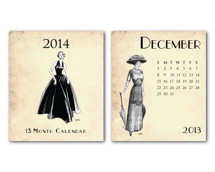 2014 Desk Calendar - Vintage Fashion on Vintage Background - 13 Month - Jewel Case - December 2013 - December 2014 - SusanNewberryDesigns
