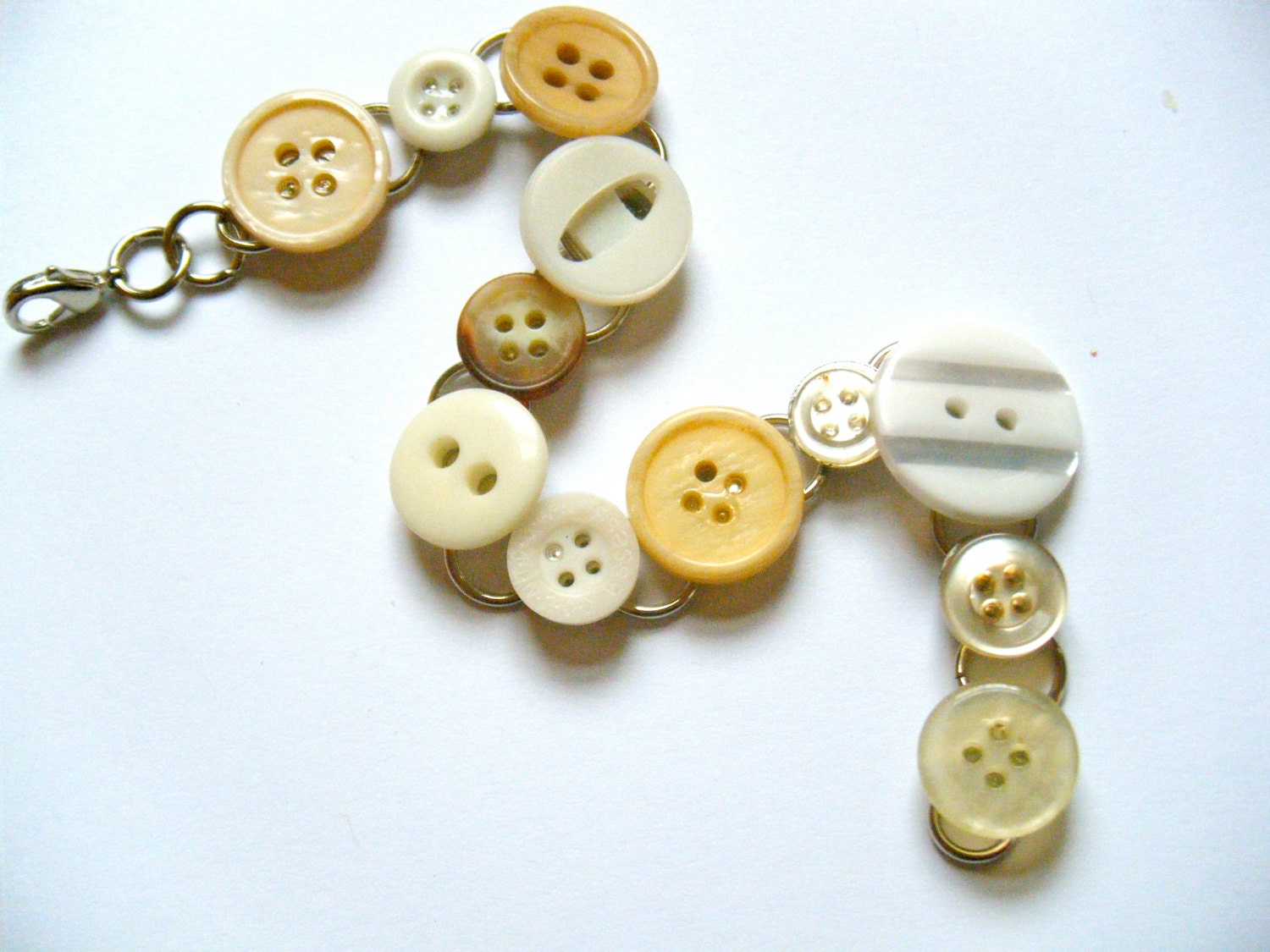 OOAK Vintage Buttons Metal Bracelet Recycled Material Silver Beige Sewing Upcycled Repurposed Funky Seamstress Circle Mixed Media Jewelry