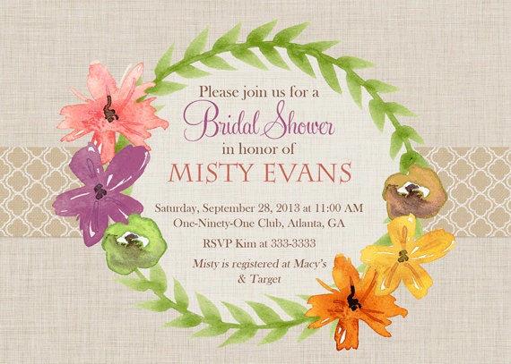 Vine and Floral Shower with linen background Bridal Shower Invitation - Printable - Any colors Il_570xn