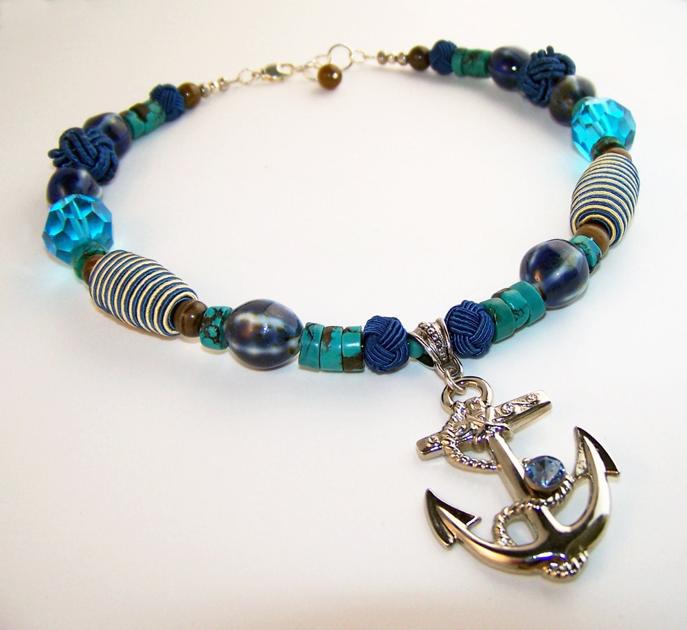 Nautical Anchor Necklace with Tiger Eye Striped Beads and Turquoise - MeyerClarkCreative
