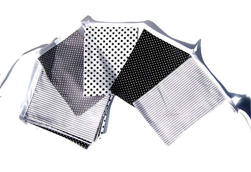 birthday or party bunting, boy's room decor,  white,grey, black with dots and stripes, double sewn fabric flag banner - kleinedromen