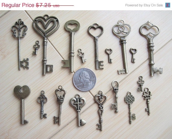 Cyber Week SALE 10% OFF 19 piece set - Skeleton Key Charm Assortment in bronze - - k208 Il_570xn