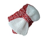 Knit ear warmer, ribbed, with a big bow. Red and white. - woolopia