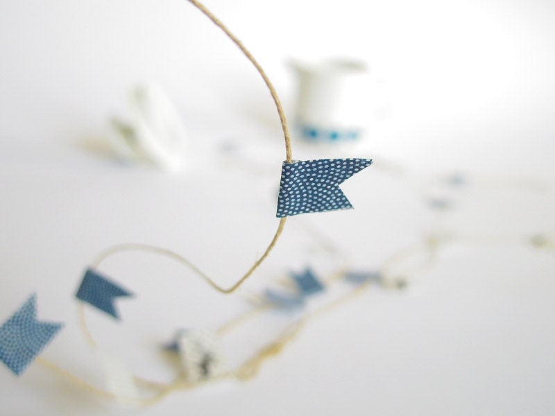 White, blue handmade tiny pretty garland, made from Japanese Washi paper tape flags - sakamama