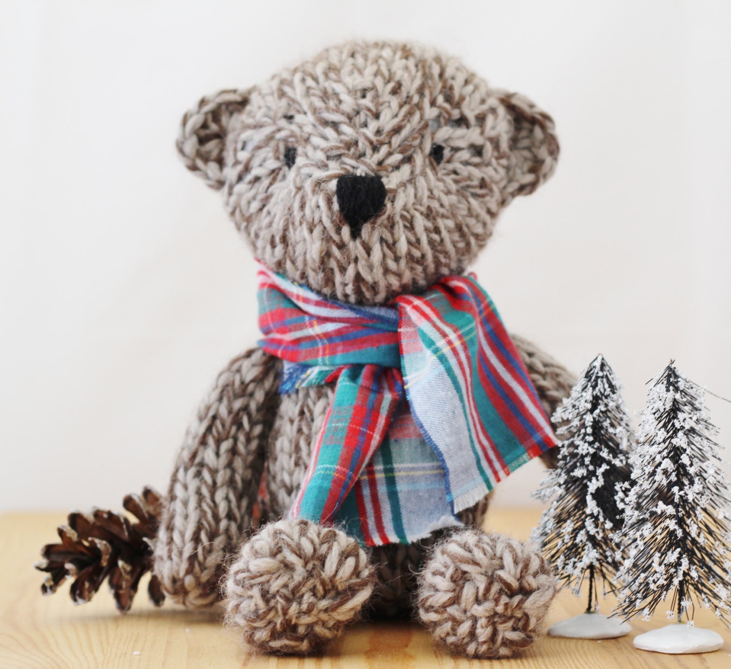 Theodore, knitted wool teddy bear with scarf