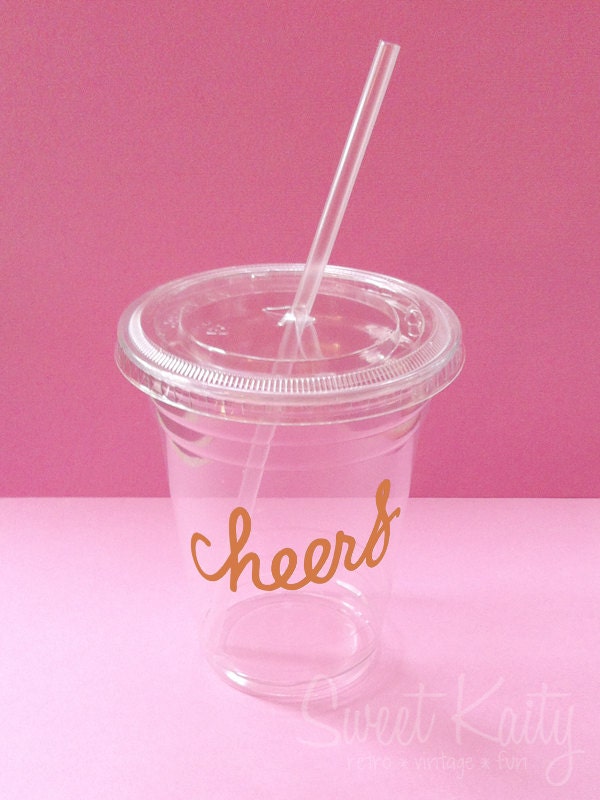 12 CHEERS Party Cups, Lids, and Plastic Straws - 12 oz or 16 oz - Metallic Gold Decal - Wedding, Birthday, Baby Shower, Party Il_570xn