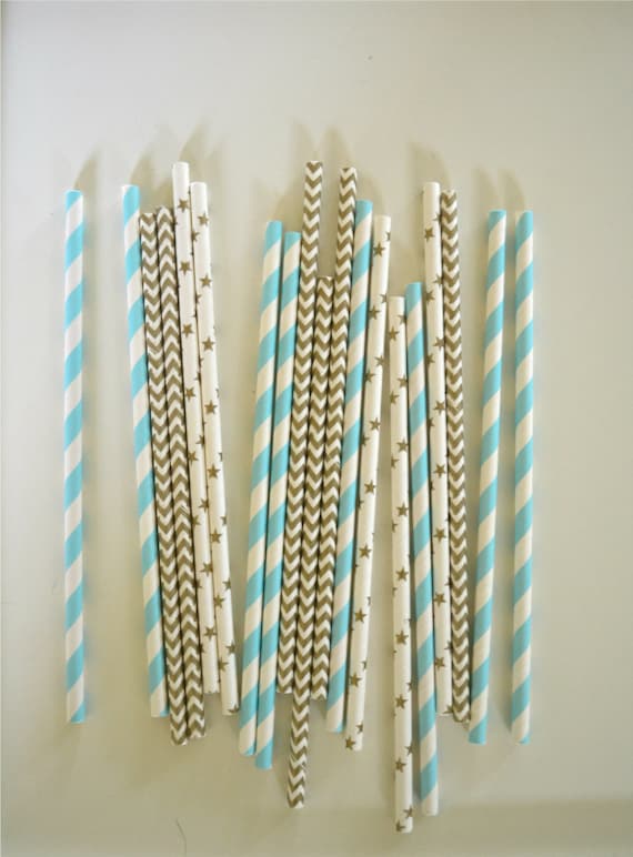 25 Little Prince Paper Straws, Light blue and gold Stripes, Stars and Dots, Little Prince, Baby shower, Drinking Straws, Cake Pops Il_570xn