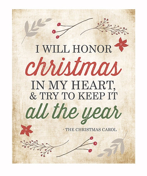 Christmas Wall Art Typography Print / I Will Honor Christmas Charles Dickens Christmas Carol Quote / Holiday Decor / Red Green Retro Vintage - IslaysTerrace