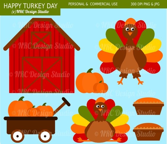 Fall Clip Art - Happy Turkey Day Clip Art - Digital Thanksgiving Turkey Clipart Il_570xn