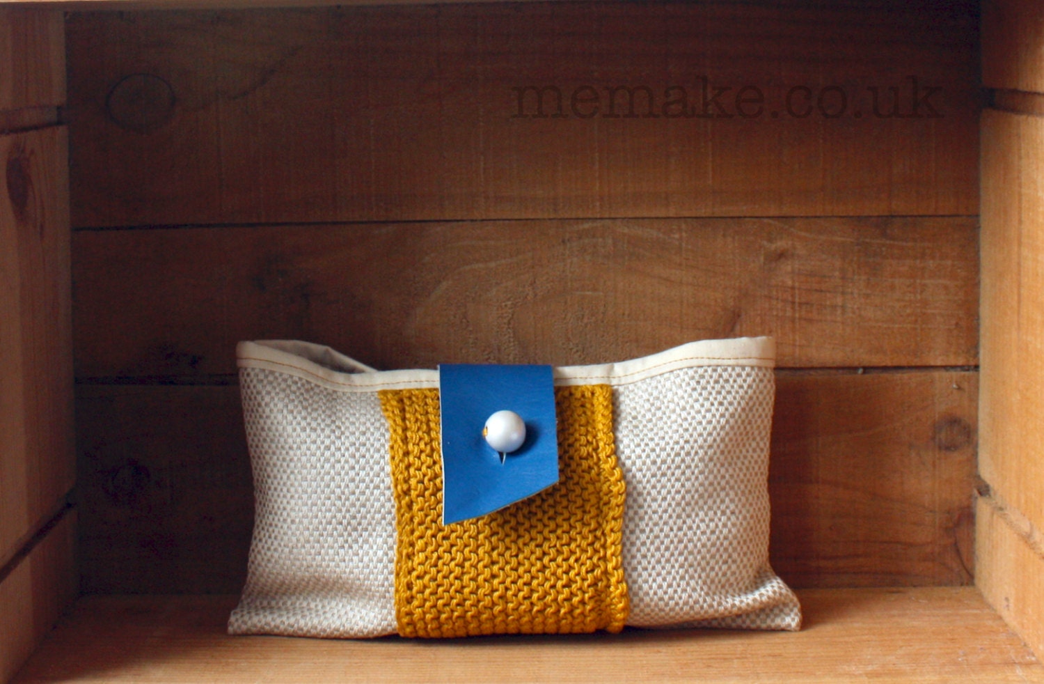 Linen clutch purse yellow cotton knit royal blue leather geometric