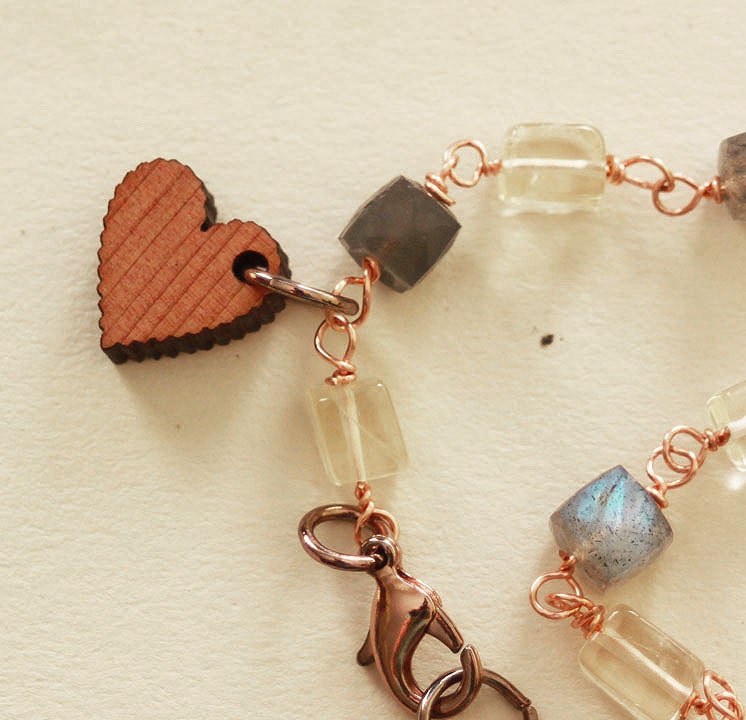 OOAK Wood Heart Bracelet * Labradorite, Citrine, Copper and Wood * Hiker Gift * i carry your heart - ScrapsandPaper