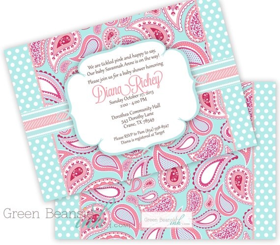 BLUE & PINK PAISLEY Printable Party Invitation Printing Available Il_570xn