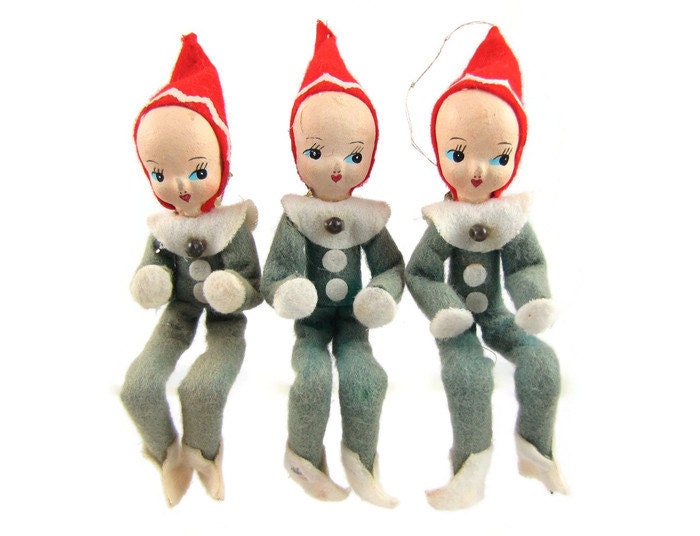 Christmas Magic - Vintage 1950s Pixie Elf Christmas Ornaments, Composition Faces, Green & Red Felt , Mercury Glass Bead Trim, Poseable - OrbitingDebris