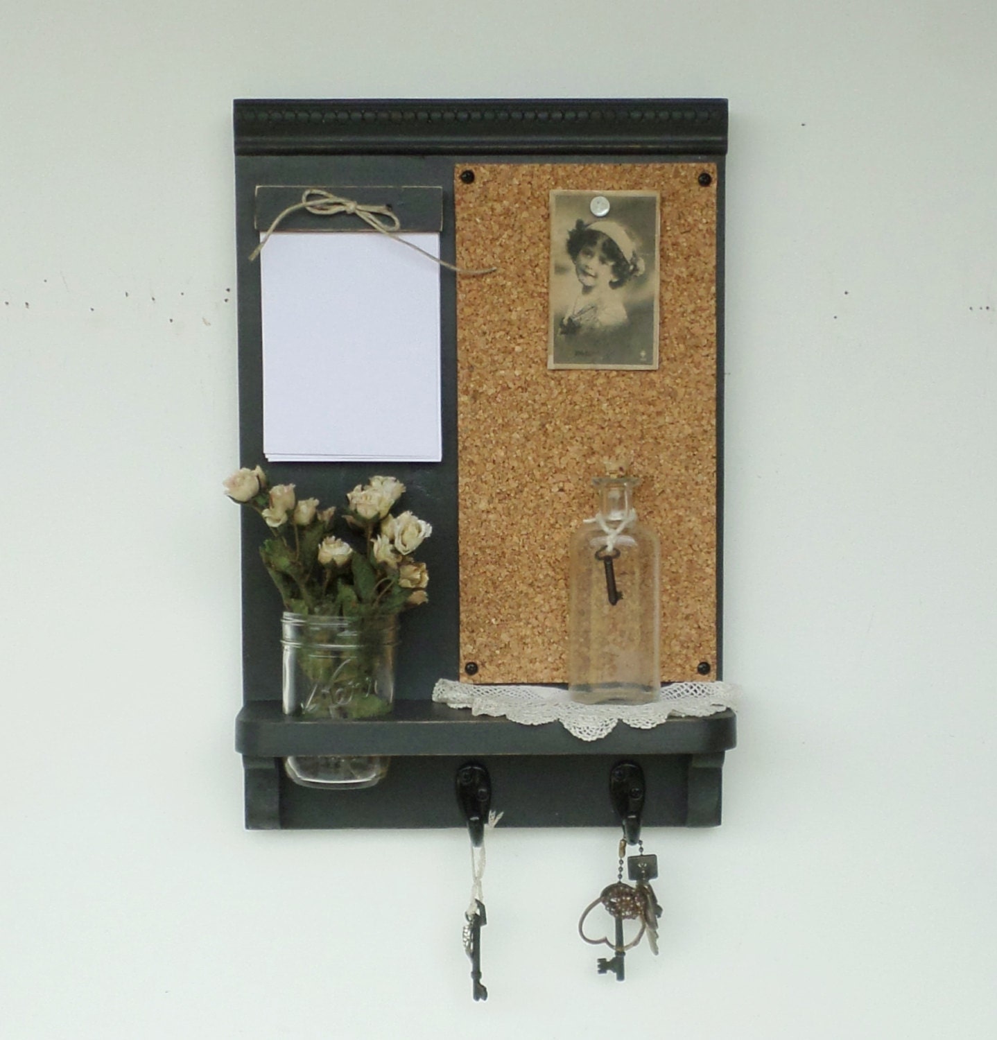 Items similar to Black ..Cork Message Board...Note Pad...Key Hooks