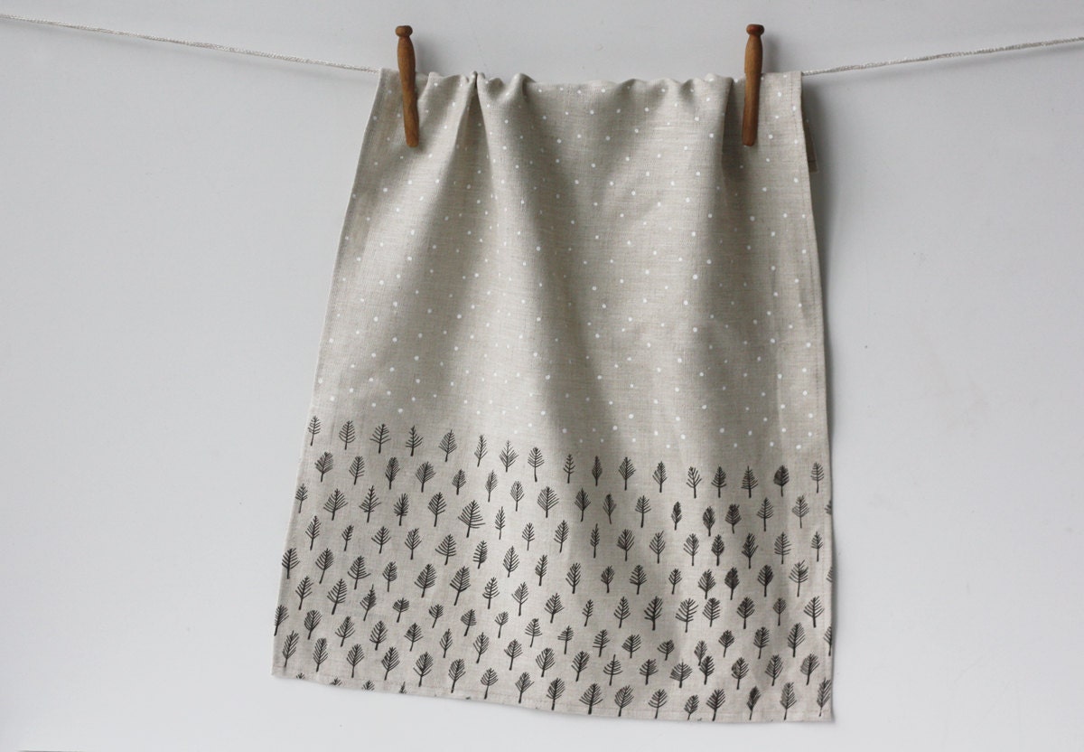Linen Tea Towel - Trees & Stars - jennarosehandmade