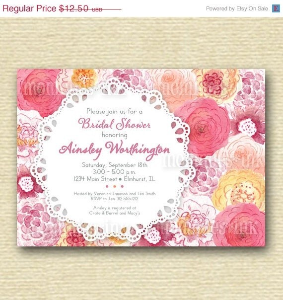 10% Off Holiday Sale Vintage Lace Doily and Watercolor Flowers Bridal Shower Invite - PRINTABLE INVITATION DESIGN Il_570xn