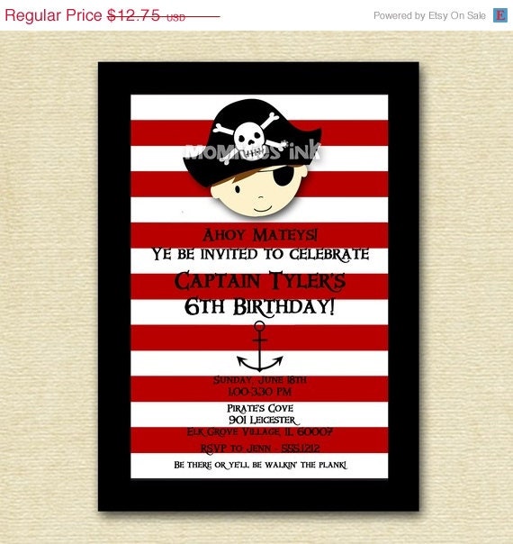10% Off Holiday Sale Pirate Stripes Birthday Invitation - PRINTABLE INVITATION DESIGN Il_570xn