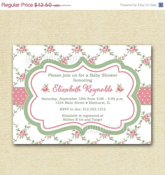10% Off Holiday Sale Shabby Chic Pink Cottage Roses Baby Shower Invite - PRINTABLE INVITATION DESIGN Il_570xn