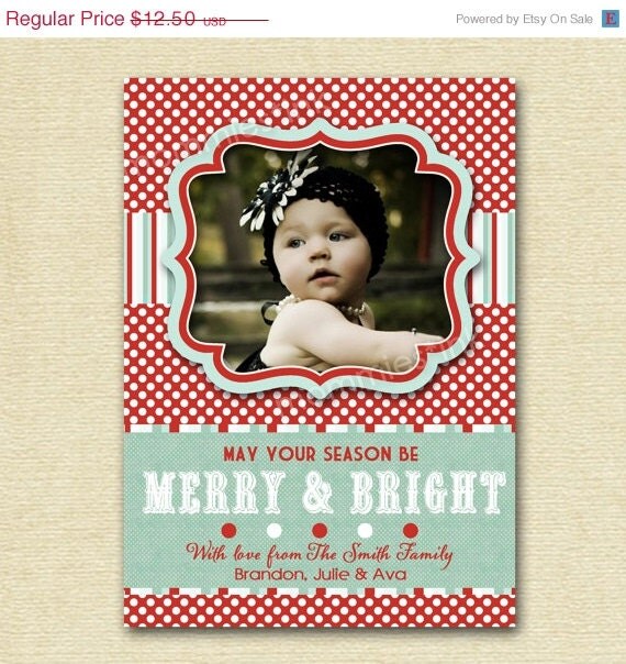 10% Off Holiday Sale Vintage Peppermint Frost Polka Dots and Stripes Photo Christmas Card - PRINTABLE CARD DESIGN Il_570xn