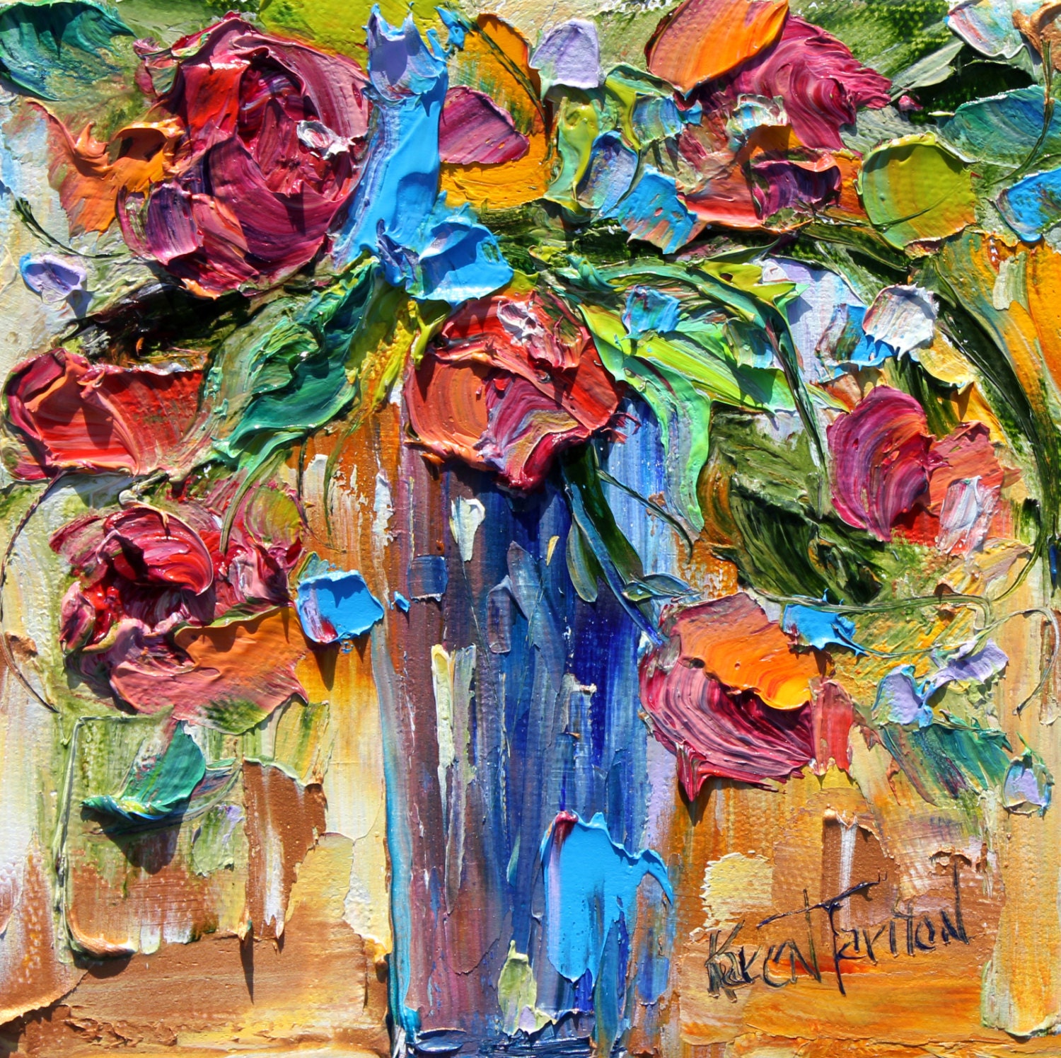 Original oil painting Flowers Palette knife by Karensfineart