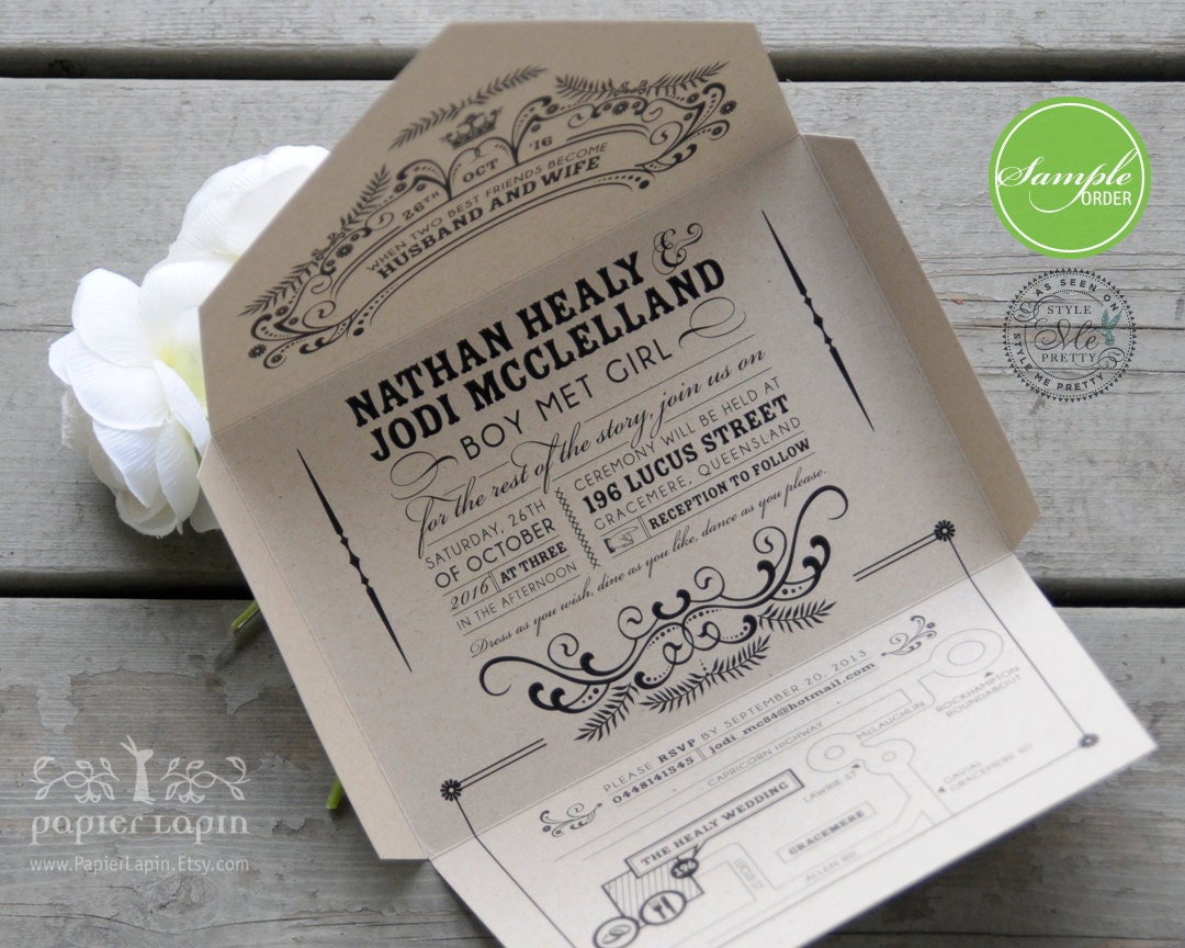 Open-Me-Softly eco-friendly invitation, self-mailer, kraft paper, quirky & whimscial // SAMPLE